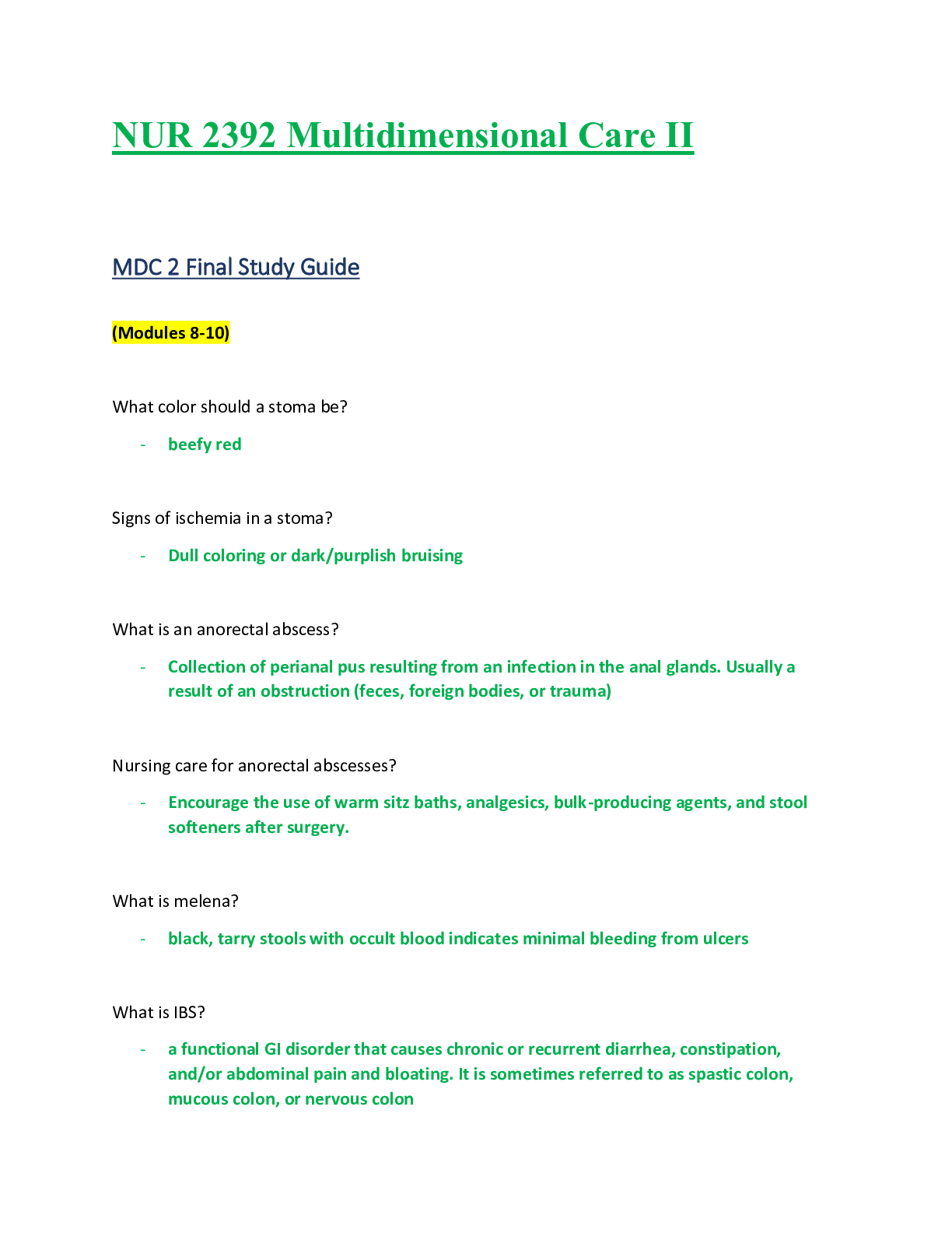 Preview of NUR 2392 / NUR2392: Multidimensional Care II / MDC 2 Final Exam Study Guide (Latest 2021/